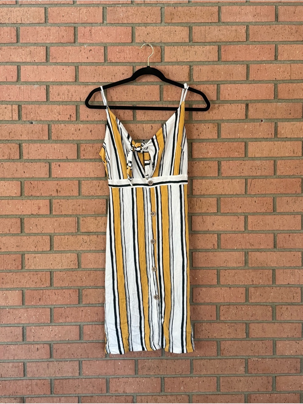 White, Mustard Yellow and Black Striped Tie-Front Button- Midi Dress